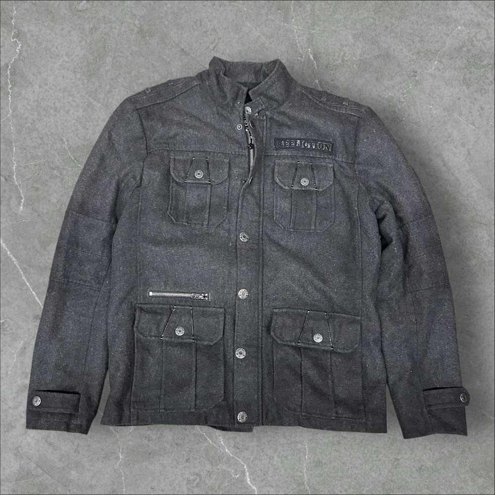 Affliction Premium Jacket Mens Large Grey Y2K Wool Blend Cross Military Gothic